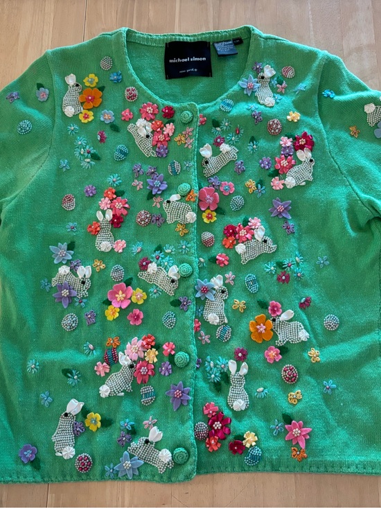 Michael Simon Sweaters - Vintage Michael Simon short sleeve green Cardigan Floral Bunnies size small